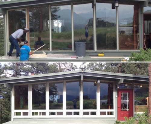 Window Doctor crew installing a wall of new windows on a mountain home, and the same home finished with its new windows and red front door.